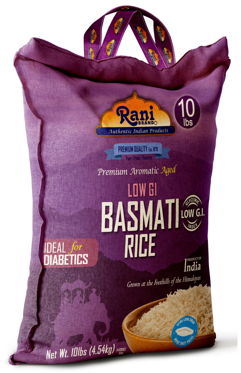 Rani White Basmati Rice Low GI (Glycemic Index) Extra Long Aged, Ideal for Diabetics, 10lbs (160oz) Pack of 4 Cloth Bag ~ All Natural | Gluten Free | Vegan | Indian Origin | Export Quality
