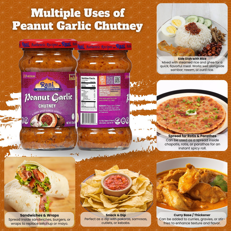 Rani Peanut Garlic Chutney 10.5oz (300g) Glass Jar, Ready to Eat ~ Vegan | Gluten Free | NON-GMO | No Colors | Indian Origin