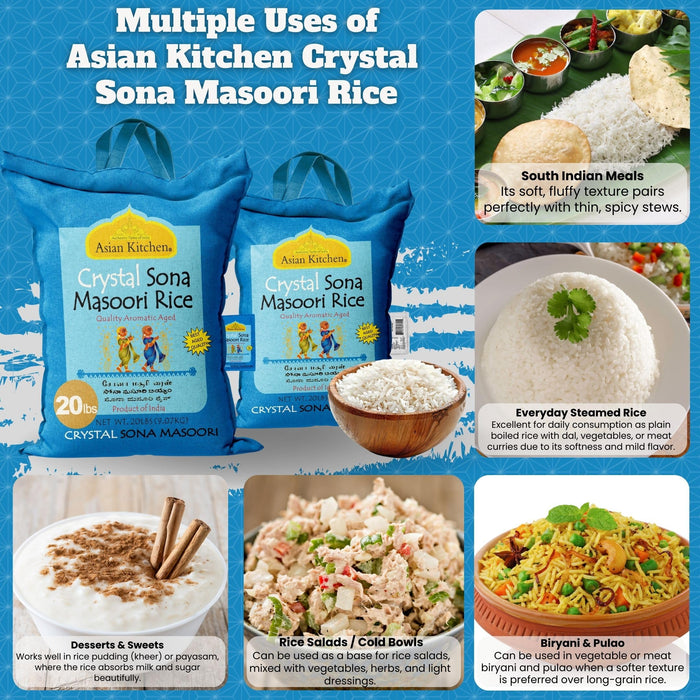 Asian Kitchen Crystal Sona Masoori Aged Rice 20lbs (9.08kg) Short Grain Rice ~ All Natural | Gluten Friendly | Vegan | Indian Origin | Export Quality