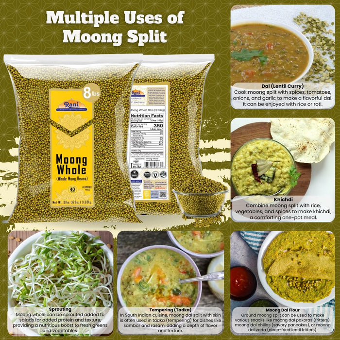 Rani Moong Whole (Ideal for cooking & sprouting, Whole Mung Beans with skin) Lentils Indian 128oz (8lbs) 3.63kg Bulk ~ All Natural | Gluten Friendly | Non-GMO | Kosher | Vegan | Indian Origin