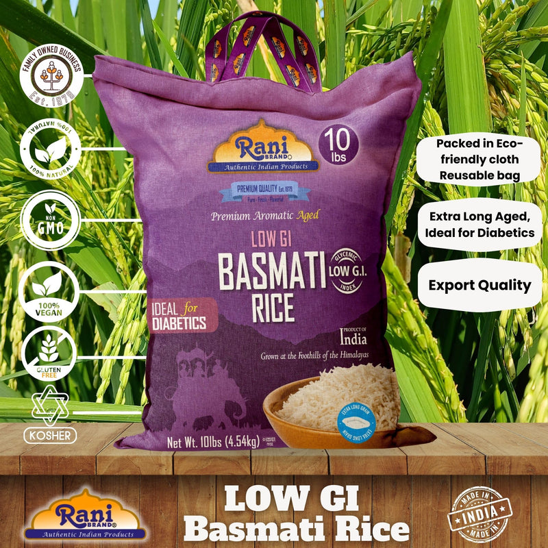 Rani White Basmati Rice Low GI (Glycemic Index) Extra Long Aged, Ideal for Diabetics, 10lbs (160oz) Pack of 4 Cloth Bag ~ All Natural | Gluten Free | Vegan | Indian Origin | Export Quality