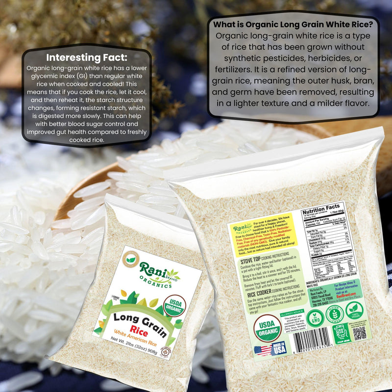 Rani Organic Long Grain White Rice 32oz (2lbs) 908g  ~ All Natural | Gluten Friendly | Vegan | Non-GMO | Kosher | Product of USA | USDA Certified Organic