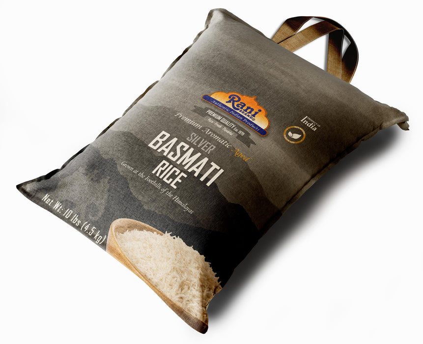 Rani Silver White Basmati Rice Extra Long Aged 10-Pound Bag, 160oz (10lbs) 4.53kg ~ All Natural | Gluten Friendly | Vegan | Indian Origin | Kosher | Export Quality