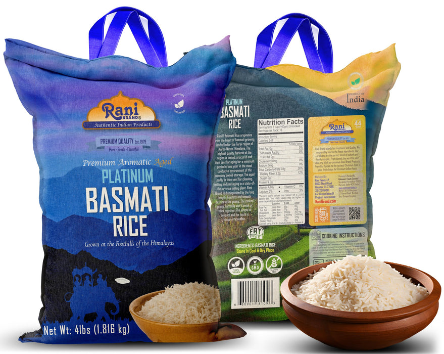 Rani Platinum White Basmati Rice Extra Long Aged 4-Pound Bag, 4lbs (64oz) 1.81kg ~ All Natural | Gluten Friendly | Kosher | Vegan | Indian Origin | Export Quality