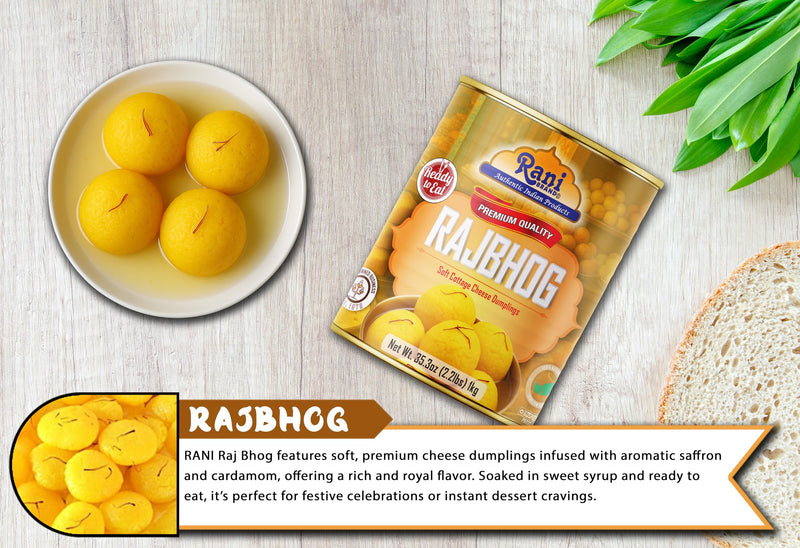 Rani Rajbhog (Soft Cottage Cheese Dumplings) 35.3oz (2.2lbs) 1kg, Pack of 6, Approximately 14 pieces, Easy Open Lid ~ Ready to eat | All Natural | Gluten Free | Non-GMO | Kosher | Indian Origin