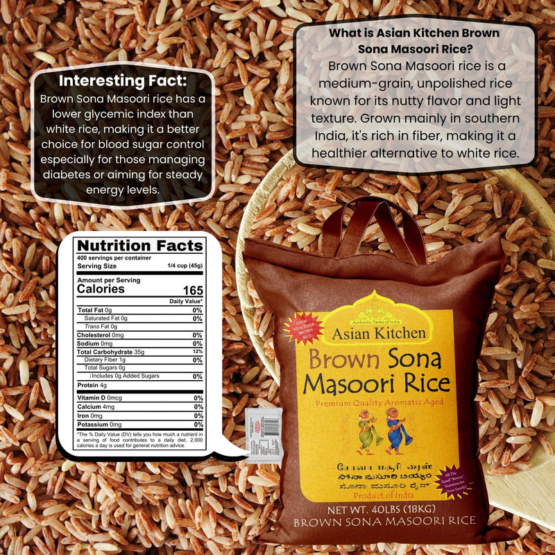Asian Kitchen Brown Sona Masoori Aged Rice 40-Pound Bag, 40lbs (18.14kg) Short Grain Rice ~ All Natural | Gluten Friendly | Vegan | Kosher | Indian Origin | Export Quality