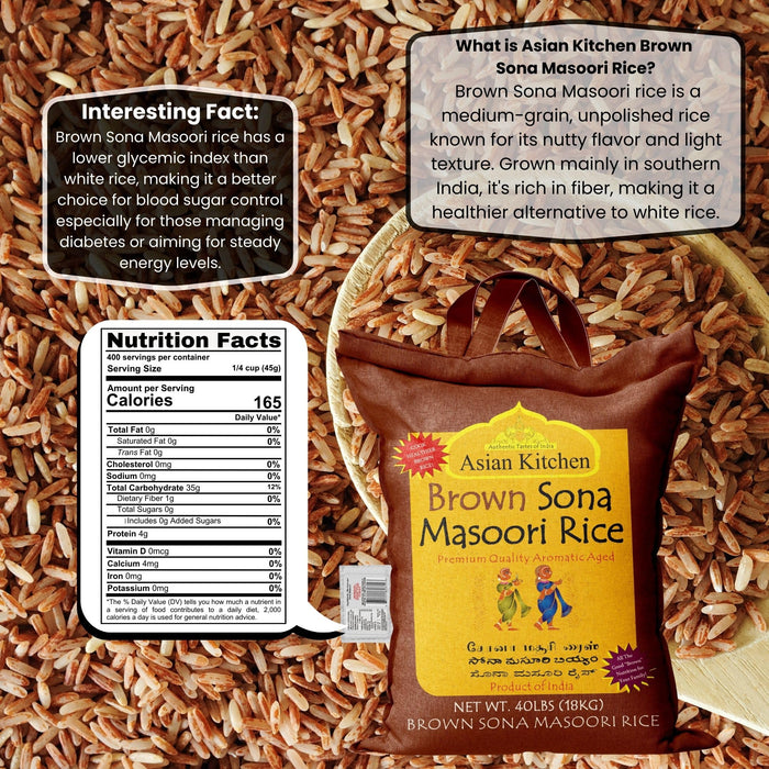 Asian Kitchen Brown Sona Masoori Aged Rice 40-Pound Bag, 40lbs (18.14kg) Short Grain Rice ~ All Natural | Gluten Friendly | Vegan | Kosher | Indian Origin | Export Quality