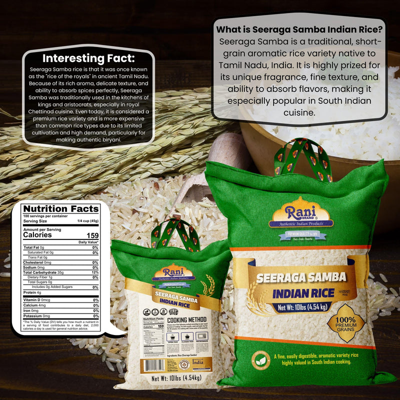 Rani Seeraga Samba Indian Rice 160oz (10lbs) 4.54kg Cloth Bag ~ All Natural | Gluten Friendly | Vegan | Kosher | Export Quality | Indian Origin