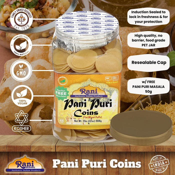 Rani Pani Puri Coins (Uncooked, Microwaveable Wheat Semolina Coins) 32oz (2lbs) 908g w/ Pani Puri Masala (14-Spice Blend for Indian Spicy Water) 1.75oz (50g) ~ All Natural | Vegan | NON-GMO | Kosher