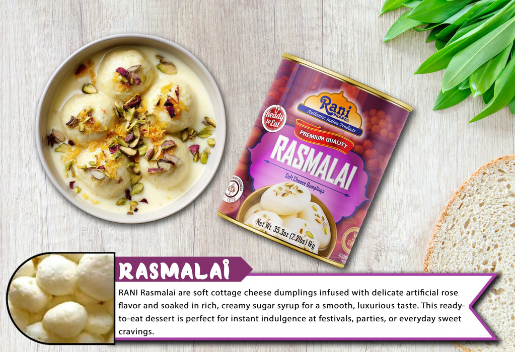 Rani Rasmalai (Soft Cheese Dumplings) 35.3oz (2.2lbs) 1kg Pack of 18, Approximately 14 pieces, Easy Open Lid ~ Ready to eat | Gluten Free | Non-GMO | Kosher | Indian Origin