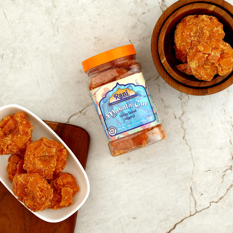 Rani Masala Gur (Jaggery) Indian Unrefined Raw Cane Sugar 17.5oz (1.1lbs) 500g PET Jar ~ Gluten Friendly | Vegan | NON-GMO | Kosher | No Salt or fillers