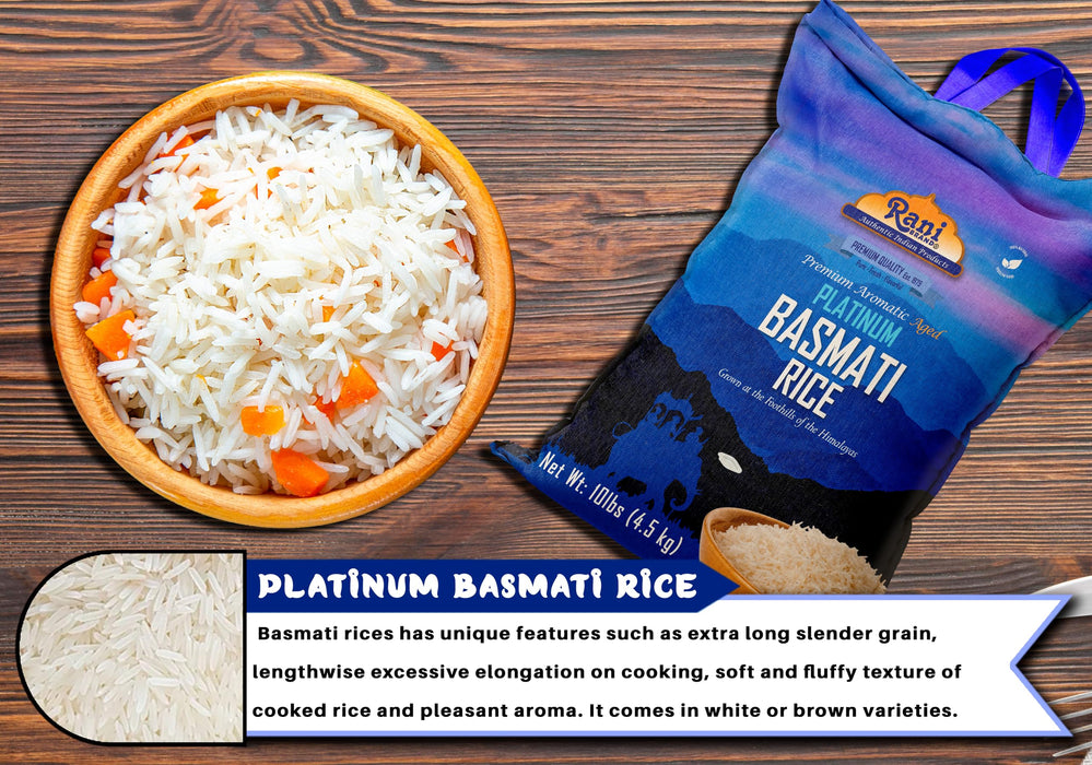 Rani Platinum White Basmati Rice Extra Long Aged 10-Pound Bag, 160oz (10lbs) 4.53kg ~ All Natural | Gluten Friendly | Vegan | Indian Origin | Kosher | Export Quality