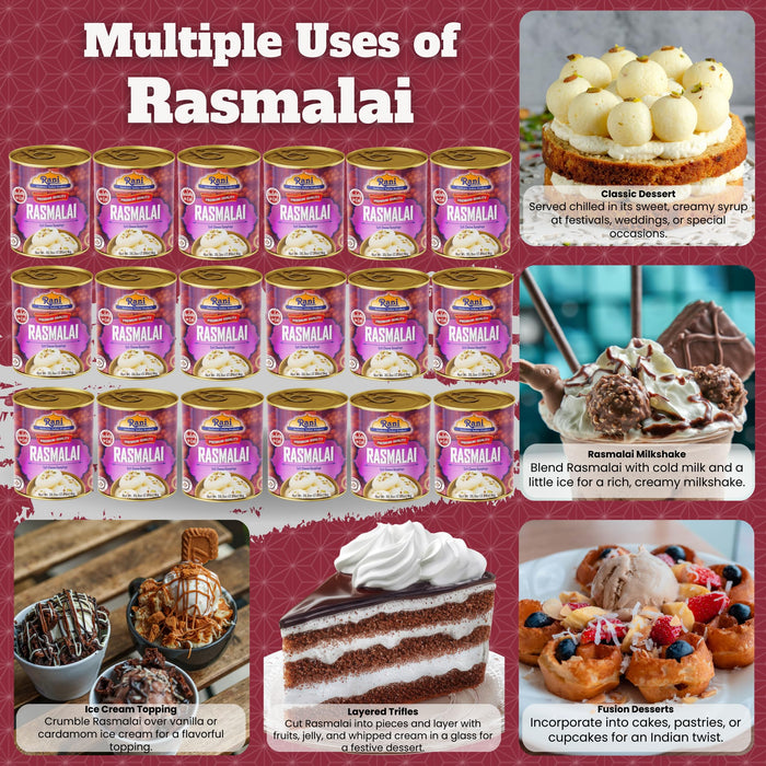 Rani Rasmalai (Soft Cheese Dumplings) 35.3oz (2.2lbs) 1kg Pack of 18, Approximately 14 pieces, Easy Open Lid ~ Ready to eat | Gluten Free | Non-GMO | Kosher | Indian Origin