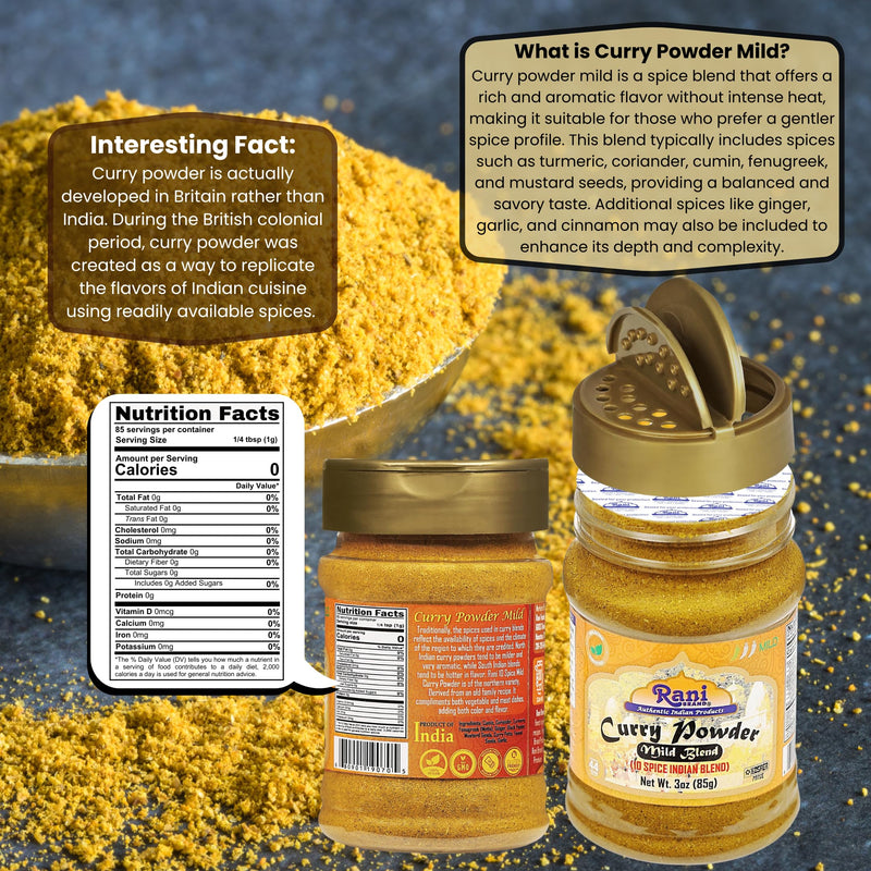 Rani Curry Powder Mild Natural 10-Spice Blend 85g (3oz) ~ Salt Free | Vegan | No Colors | Gluten Friendly | NON-GMO | Kosher | NO Chili or Peppers