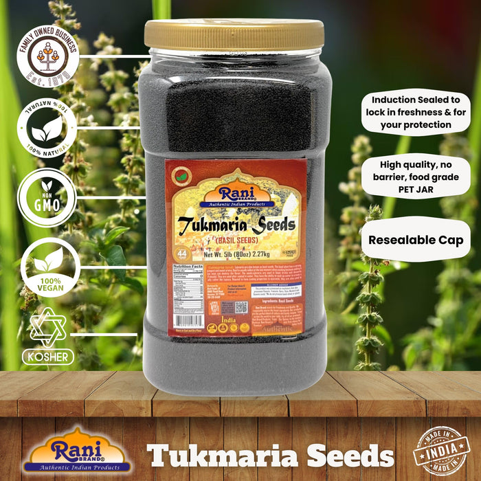 Rani Tukmaria (Holy Basil Seeds) 80oz (5lbs) 2.27kg, PET Jar, Used for Falooda/Sabja Dessert, Spice & Ayurveda Herbal ~ All Natural | Gluten Friendly | NON-GMO | Kosher | Vegan | Indian Origin