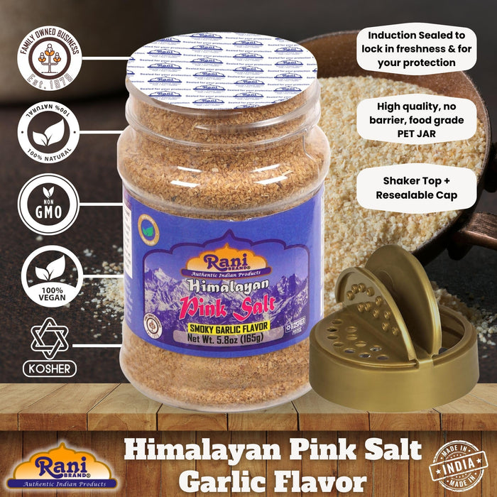 Rani Himalayan Pink Salt Smokey Garlic Flavor (84 Essential Trace Minerals) 5.8oz (164g) PET Jar ~ All Natural | Vegan | Gluten Friendly | NON-GMO | Indian Origin