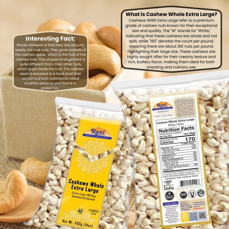 Rani Raw Cashews Whole W180 Extra Large (uncooked, unsalted) 14oz (400g) ~ All Natural, No Preservatives | Vegan | NON-GMO | Kosher | Gluten Friendly