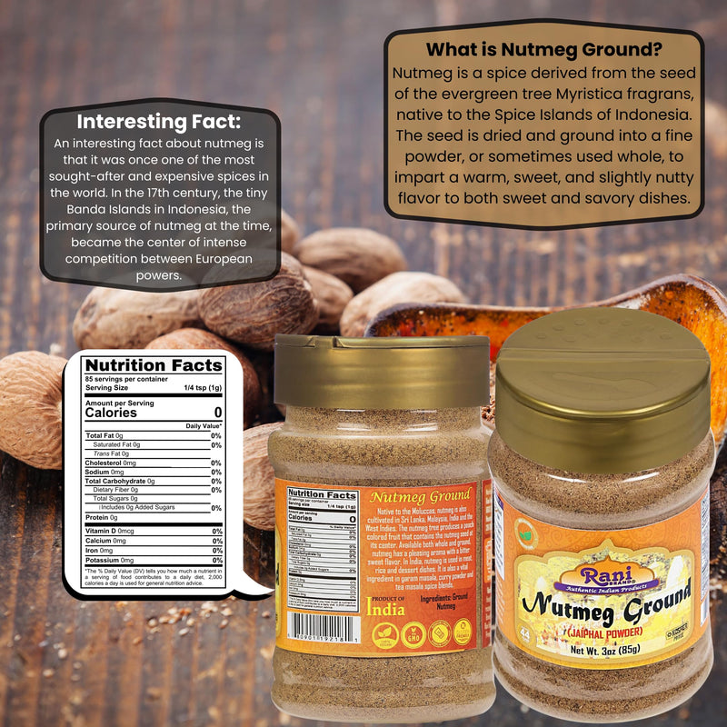 Rani Nutmeg (Jaiphul) Ground Powder Spice 3oz (85g) PET Jar ~ Perfect for Baking, Cooking, Smothies, Lattes & Dessert, All Natural | Vegan | Gluten Friendly | NON-GMO | Kosher | Indian Origin