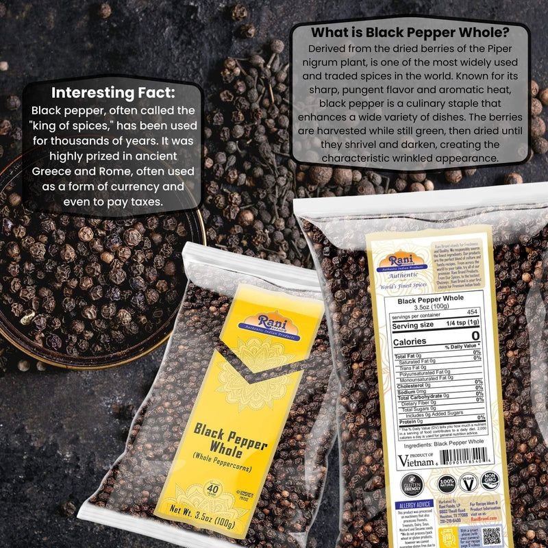 Rani Black Pepper Whole (Peppercorns), Premium Bold Tellicherry Quality 3.5oz (100g) ~ All Natural | Gluten Friendly | Non-GMO | Kosher | Product of Vietnam | Perfect size for Grinders!