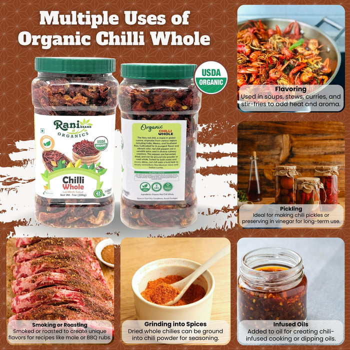 Rani Organic Chilli Whole (Lal Mirch Sabut) 7oz (200g) PET Jar ~ All Natural | Vegan | No Colors | Gluten Friendly | NON-GMO | Kosher | USDA Organic Certified