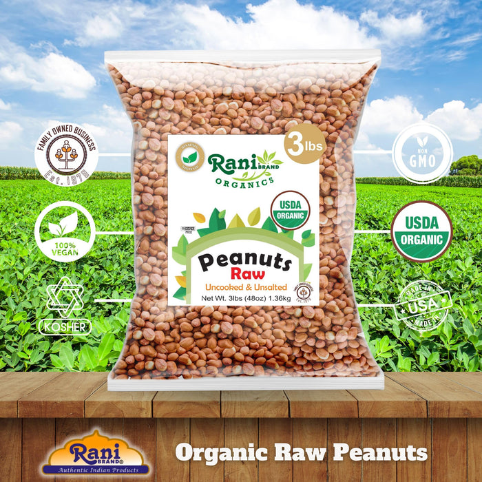 Rani Organic Peanuts, Raw Whole With Skin (uncooked, unsalted) 48oz (3lbs) 1.36kg Bulk ~ All Natural | Vegan | Gluten Friendly | Fresh Product of USA  ~ Spanish Grade Groundnut / Red-skin