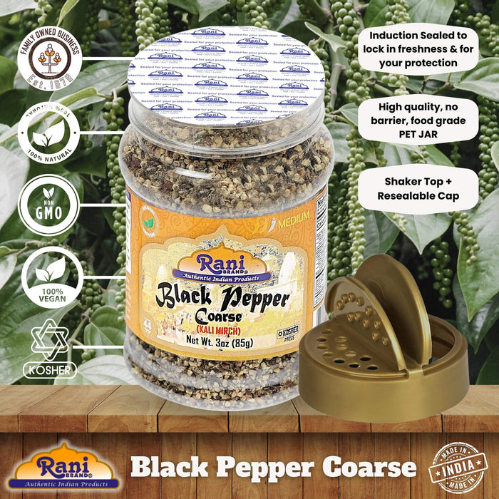 Rani Black Pepper Coarse Ground 28 Mesh (Table Grind), 3oz (85g) PET Jar ~ Gluten Friendly, Non-GMO, All Natural | Kosher