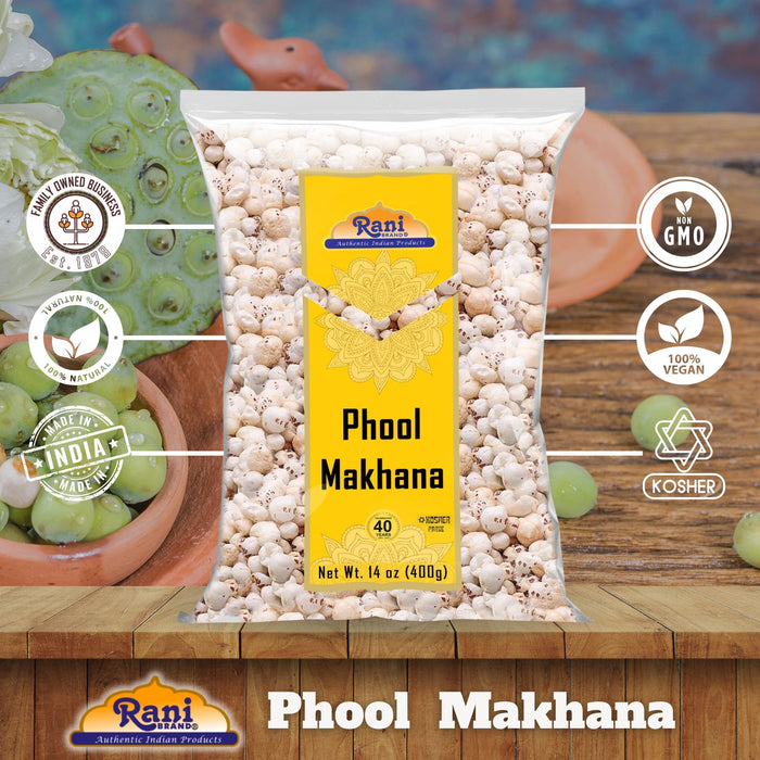 Rani Phool Makhana (Fox Nut / Popped Lotus Seed) 14oz (400g) ~ Plain Raw Uncooked | ~ All Natural | Vegan | No Colors | Gluten Friendly | NON-GMO | Kosher