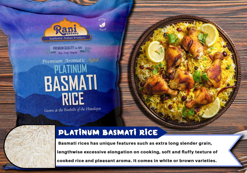 Rani Platinum White Basmati Rice Extra Long Aged 20-Pound Bag, 320oz (20lbs) 9.08kg ~ All Natural | Gluten Friendly | Vegan | Indian Origin | Kosher | Export Quality