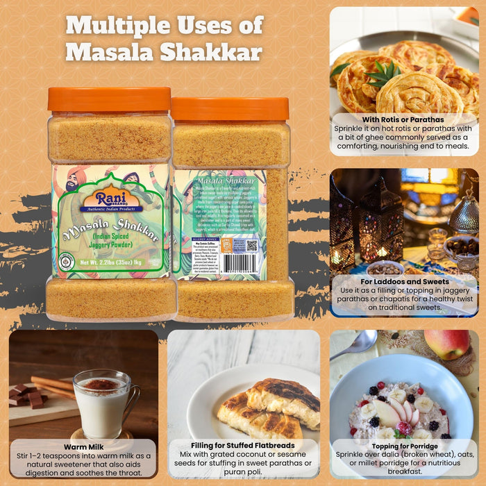 Rani Masala Shakkar (Indian Spiced Jaggery Powder) Unrefined Raw Cane Sugar 35oz (2.2lbs) 1kg PET Jar ~ Gluten Friendly | Vegan | NON-GMO | Kosher | No Salt or fillers | Indian Product