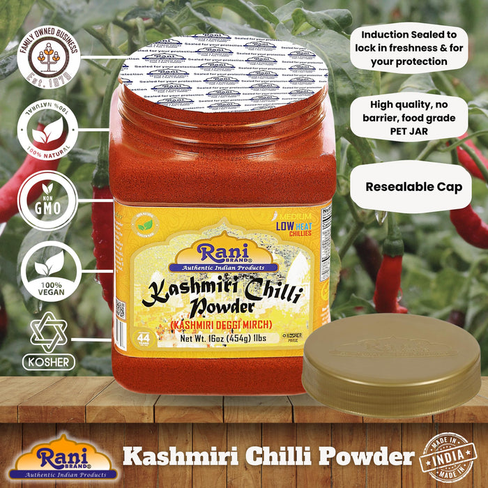 Rani Kashmiri Chilli Powder (Deggi Mirch) 16oz (1lb) 454g PET Jar ~ Natural | Salt-Free | Vegan | Gluten Friendly | NON-GMO | Kosher | Perfect for Deviled Eggs & Other Low Heat Dishes