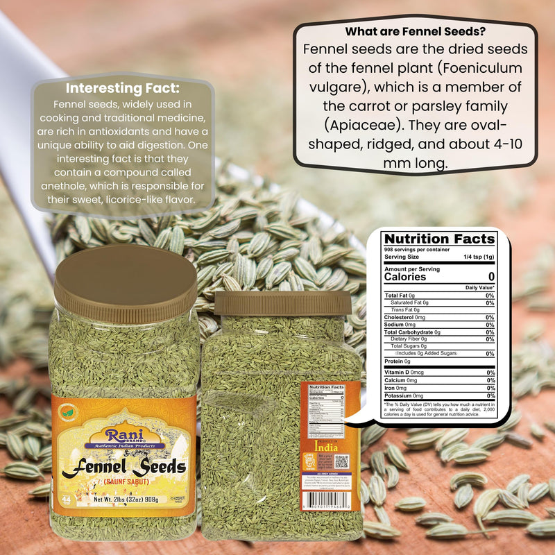Rani Fennel (Saunf) Seeds Whole, Indian Spice 32oz (2lbs) 908g PET Jar ~ All Natural | Gluten Friendly | NON-GMO | Kosher | Vegan