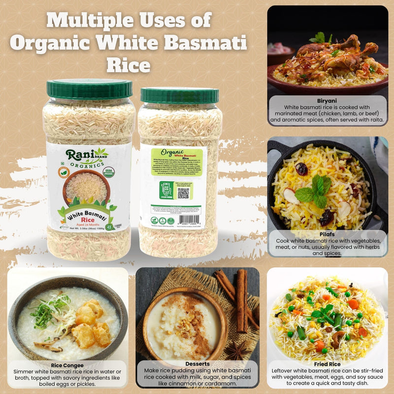 Rani Organic Platinum White Basmati Rice Extra Long Aged 56oz (3.5lbs) 1.59kg PET Jar ~ All Natural | Gluten Friendly | Vegan | Indian Origin | Kosher | Export Quality | USDA Certified Organic