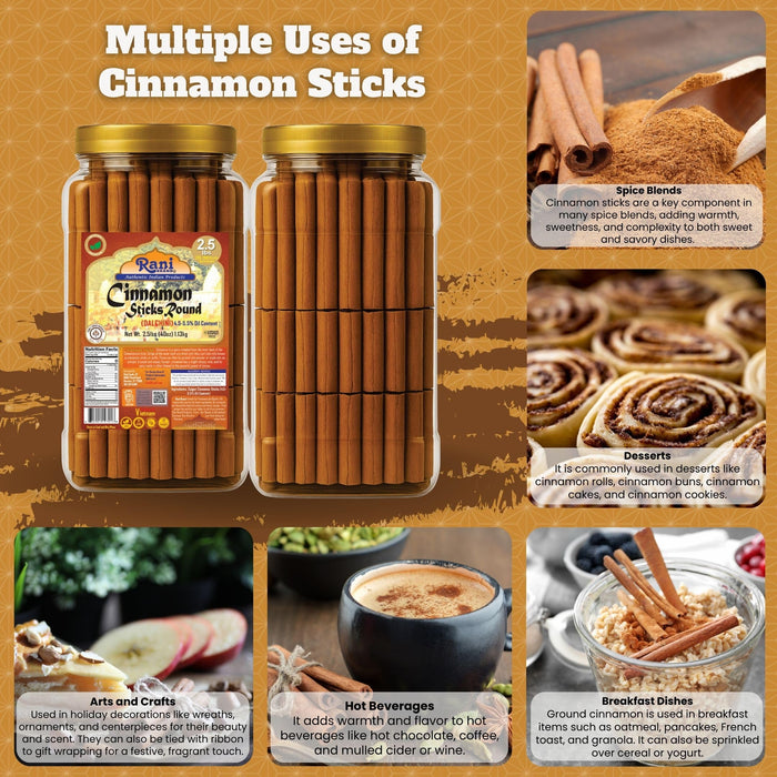 Rani Cinnamon Sticks 40oz (2.5lbs) 1.13kg Bulk PET Jar - 220 -250 Sticks - Strong Aroma, Perfect for Baking, Cooking & Beverages | 3+ Inches Length - Cassia Saigon Cinnamon from Vietnam | Kosher