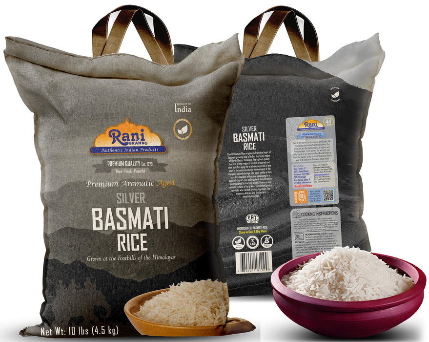 Rani Silver White Basmati Rice Extra Long Aged 10-Pound Bag, 160oz (10lbs) 4.53kg ~ All Natural | Gluten Friendly | Vegan | Indian Origin | Kosher | Export Quality