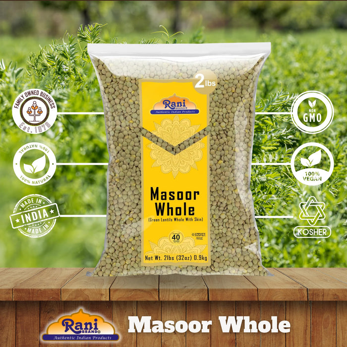 Rani Masoor Whole (Green Lentils Whole With Skin) 32oz (2lbs) 908g ~ All Natural | Vegan | Gluten Friendly | Non-GMO | Kosher | Product of USA