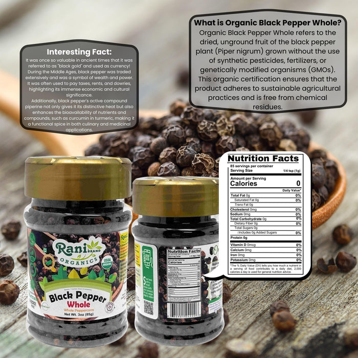 Rani Organic Black Pepper Whole (Peppercorns), Premium MG-1 Grade 3oz (85g) PET Jar ~ All Natural | Gluten Friendly | Non-GMO | USDA Certified Organic | Kosher | Product of Vietnam