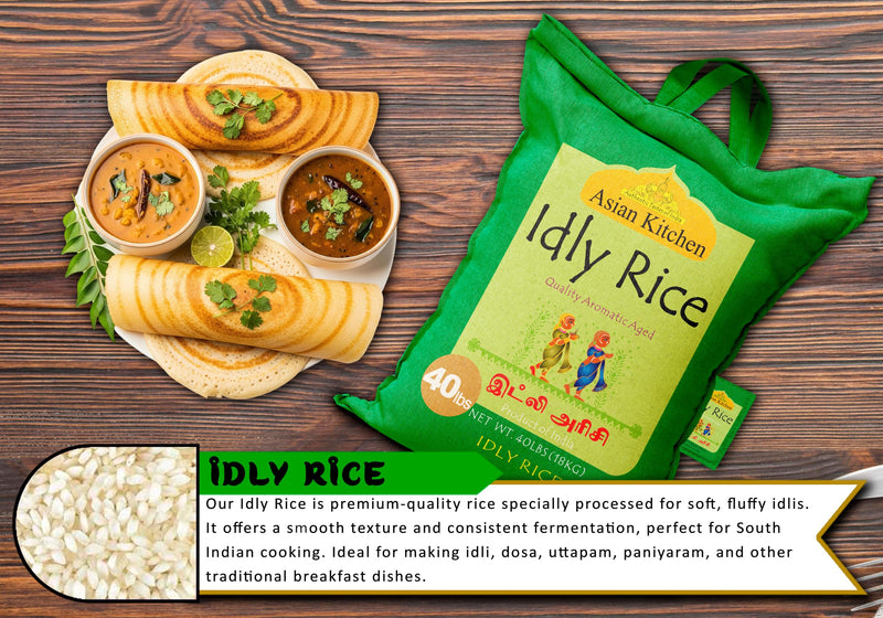 Asian Kitchen Idly (Idli) Rice 40-Pound Bag, 40lbs (18.14kg) Short Grain Rice ~ All Natural | Vegan | Indian Origin | Export Quality