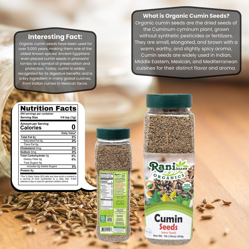 Rani Organic Cumin Seeds Whole (Jeera Sabut) 16oz (1lb) 454g PET Jar ~ All Natural | Vegan | Gluten Friendly | NON-GMO | Kosher | Indian Origin | USDA Certified Organic