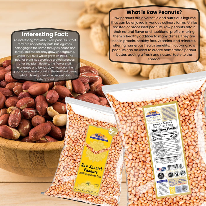 Rani Raw Spanish Peanuts 100% Natural with Skin (uncooked, unsalted) 80oz (5lbs) 2.27kg Bulk ~ Vegan | Gluten Friendly | Fresh Product of USA | Kosher | Red-brown Skin