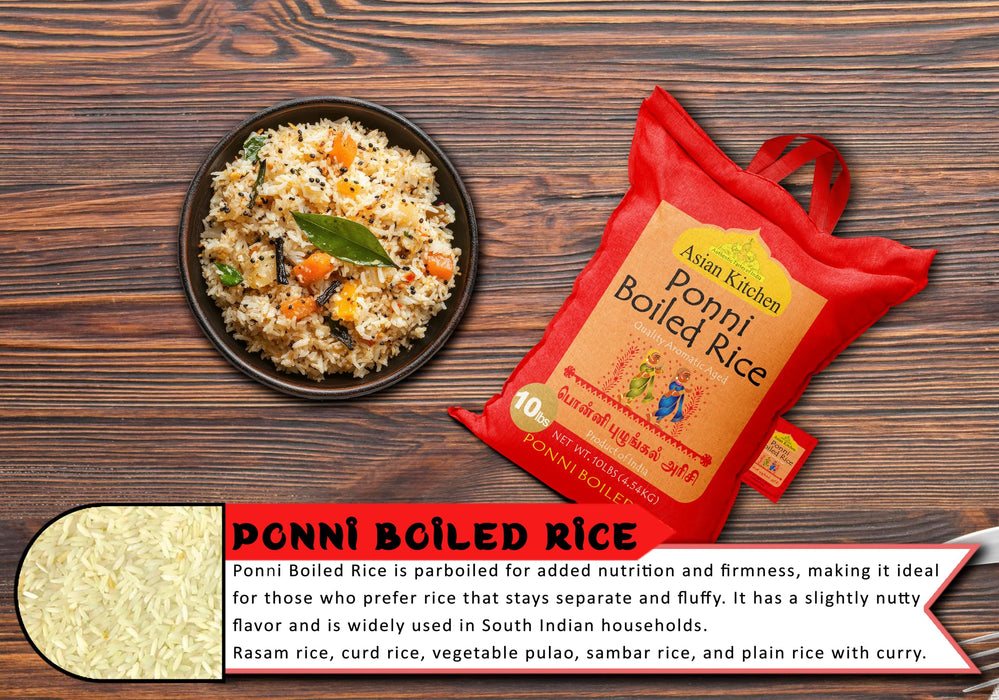 Asian Kitchen Ponni Boiled Rice 10-Pound Bag, 10lbs (4.54kg) Short Grain Par Boiled Rice ~ Natural | Gluten Friendly | Vegan