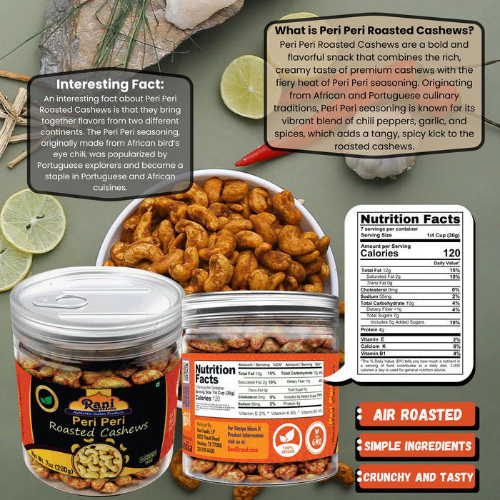 Rani Peri Peri Roasted Cashews 7oz (200g) PET Jar, Non-Fried, Oil Free ~ All Natural | Vegan | Gluten Friendly | NON-GMO | Kosher | Air Roasted, Crunchy & Flavorful