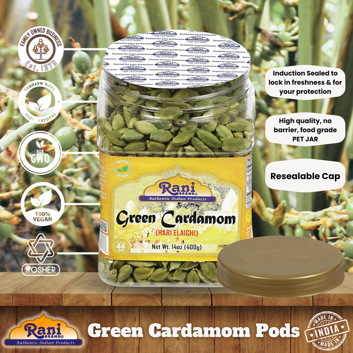 Rani Green Cardamom Pods Spice (Hari Elachi) 14oz (400g) PET Jar ~ All Natural | Vegan | Gluten Friendly | NON-GMO | Kosher | Product of India