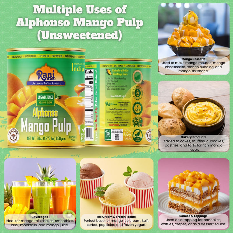 Rani Mango Pulp Puree (Makes Mango Lassi Shakes) Alphonso Unsweetened 30oz (1.875lbs) 850g ~ Kosher | All Natural | NON-GMO | Vegan | No colors | Gluten Friendly | Indian Origin