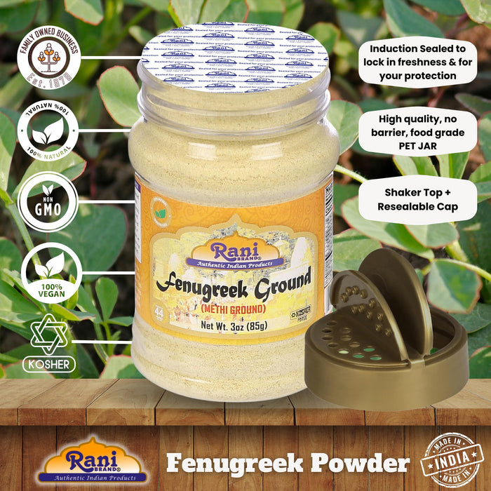 Rani Fenugreek (Methi) Seeds Ground Powder 3oz (85g) PET Jar, Trigonella foenum graecum ~ All Natural | Vegan | Gluten Friendly | Non-GMO | Kosher | Indian Origin, used in cooking & Ayurvedic spice