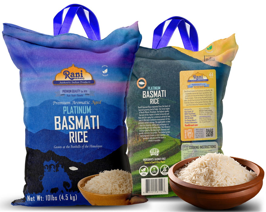 Rani Platinum White Basmati Rice Extra Long Aged 10-Pound Bag, 160oz (10lbs) 4.53kg ~ All Natural | Gluten Friendly | Vegan | Indian Origin | Kosher | Export Quality