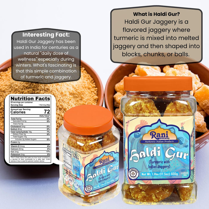 Rani Haldi Gur (Turmeric with Indian Jaggery) Indian Unrefined Raw Cane Sugar 17.5oz (1.1lbs) 500g PET Jar ~ Gluten Friendly | Vegan | NON-GMO | Kosher | No Salt or fillers | Indian Product