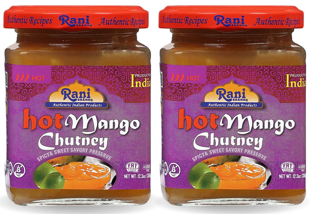 Rani Hot Mango Chutney (Spicy Indian Preserve) 12.3oz (350g) Glass Jar, Pack of 2, Ready to eat, Vegan ~ Gluten Free, All Natural, NON-GMO, Kosher