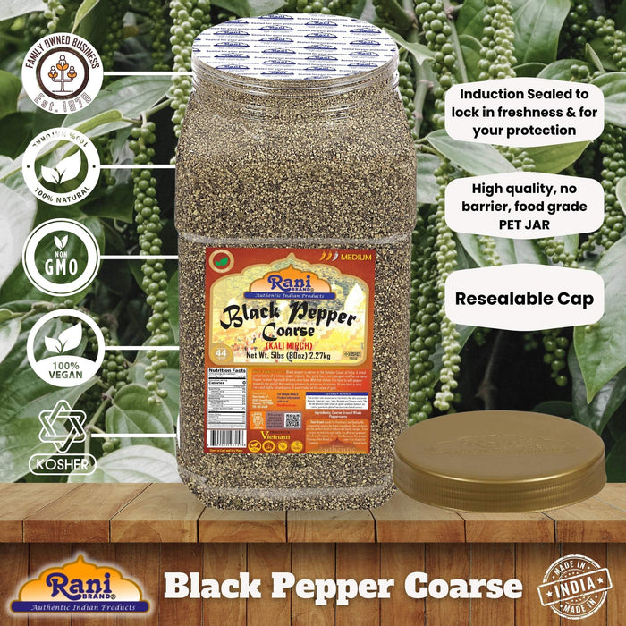 Rani Black Pepper Coarse Ground 28 Mesh (Table Grind) 80oz (5lbs) 2.27kg Bulk PET Jar ~ All Natural | Vegan | Gluten Friendly | NON-GMO | Kosher