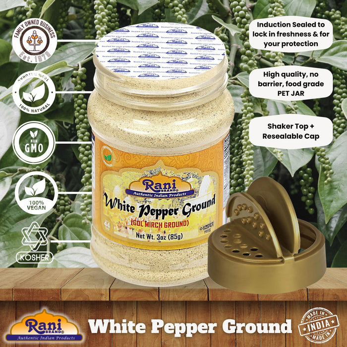 Rani White Pepper (Peppercorns) Ground, Spice 3oz (85g) ~ All Natural | Vegan | Gluten Friendly | NON-GMO | Kosher | Indian Origin