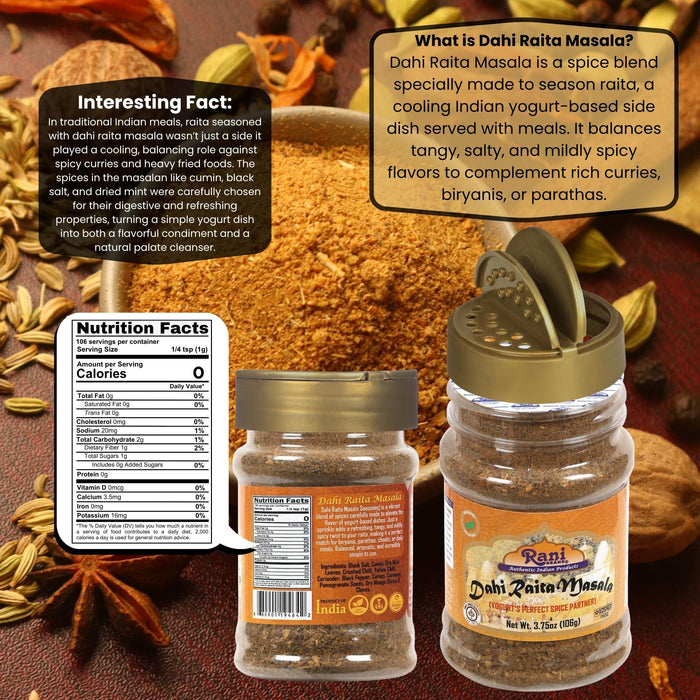 Rani Dahi Raita Masala (Yogurt's Perfect Spice Partner) 3.75oz (106g) PET Jar ~ Shaker Top | All Natural | Vegan | Gluten Friendly | NON-GMO | Indian Origin